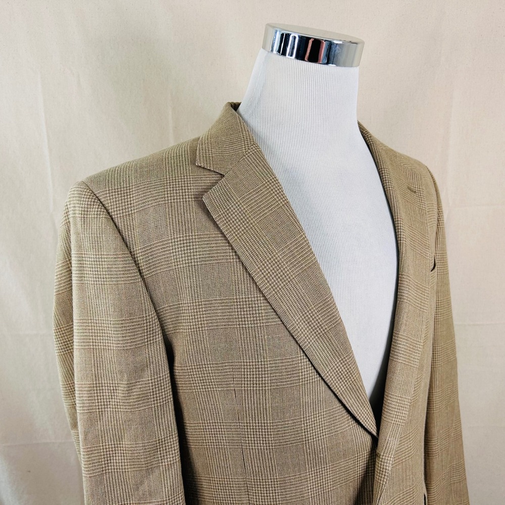 Jos. A. Bank 42S Sport Coat Silk Wool Beige Glen Plaid Two Button Lined Vented